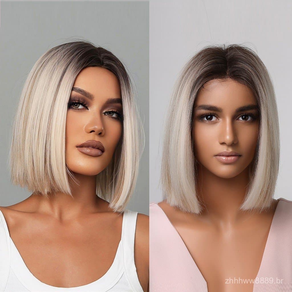 Perucas femininas europeias e americanas, conjunto de cabelo curto com cor em degradê para cobrir toda a cabeça, peruca
