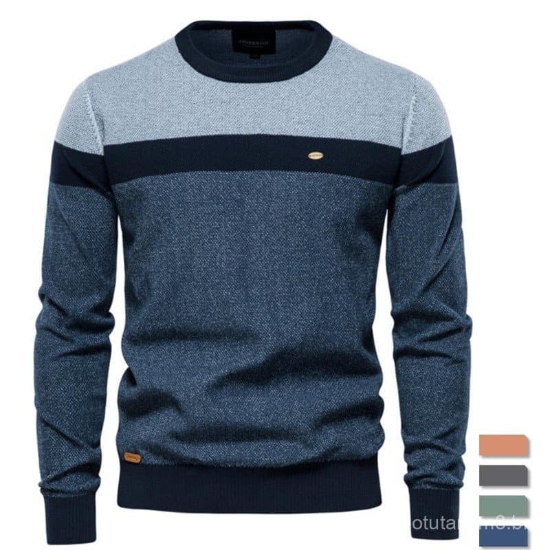 Suéteres de Algodão com Patchwork, Pulôver Casual com Decote Redondo, Malhas de Inverno para Homens, Suéteres de Marca p