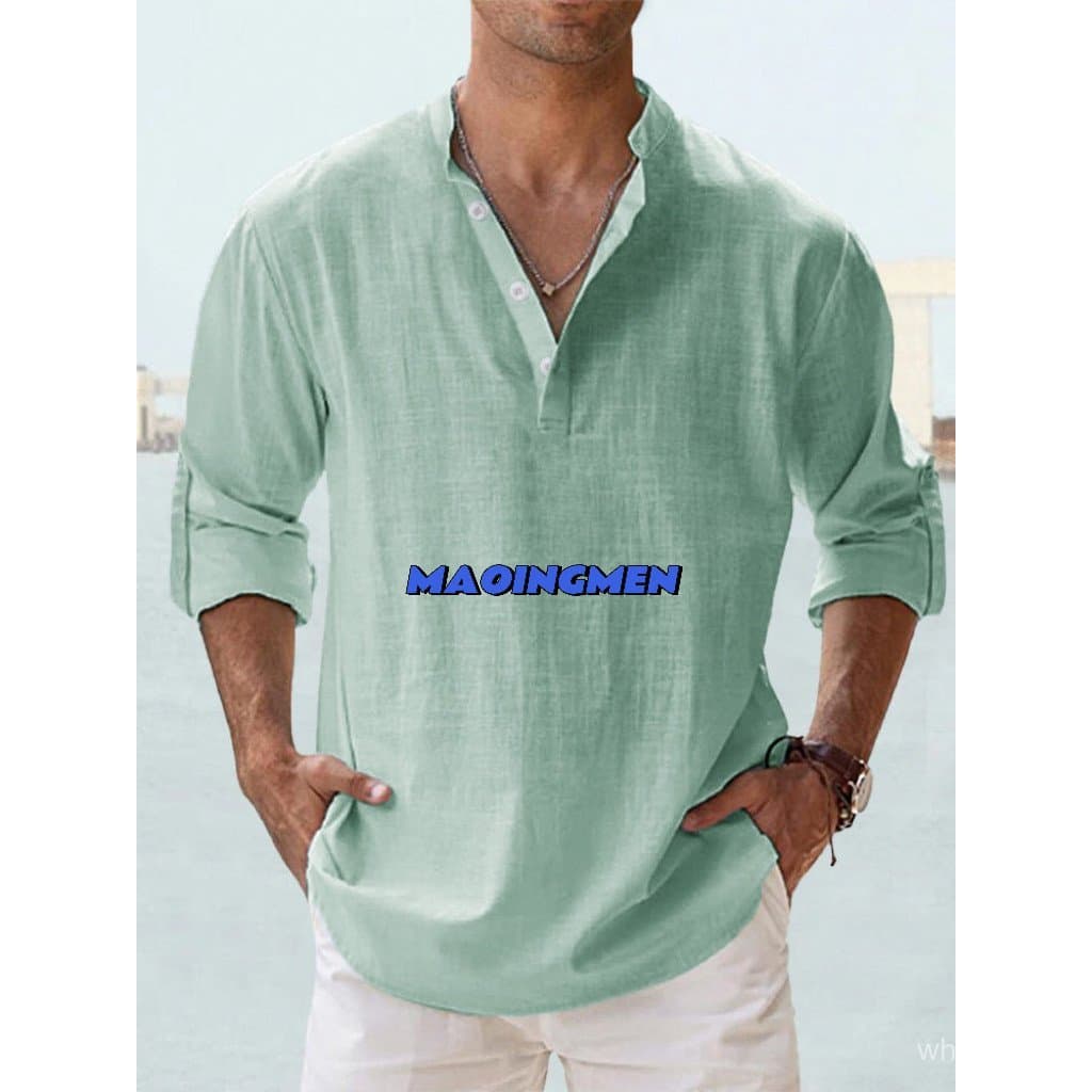 [MAOINGMEN] Camiseta masculina de linho com gola alta e manga longa, camisa de algodão e linho de cor sólida e manga lon