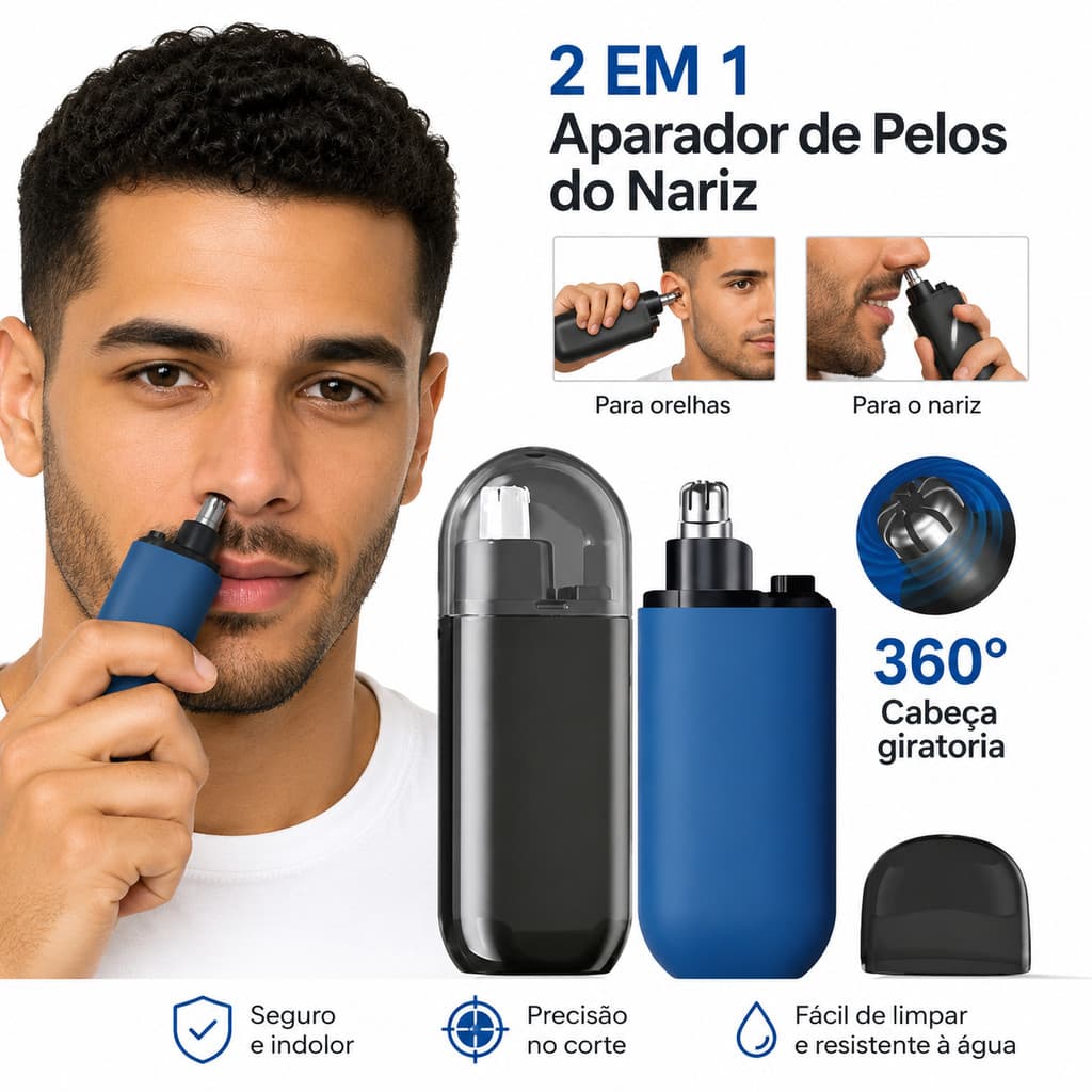 Aparador de Pelos 3 em 1 Recarregável USB para Nariz, Orelha e Rosto Elétrico Portátil
