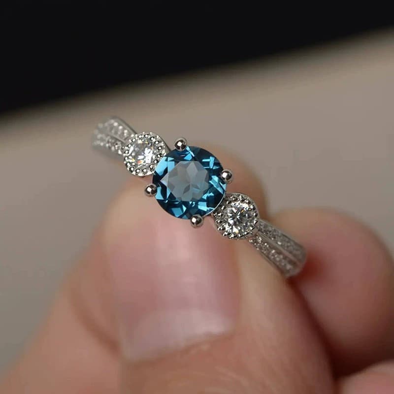 Anel Feminino de Zircônia Azul, Estilo Simples e Elegante, Anel de Ouro Branco, Acessório de Moda R4QL MF35