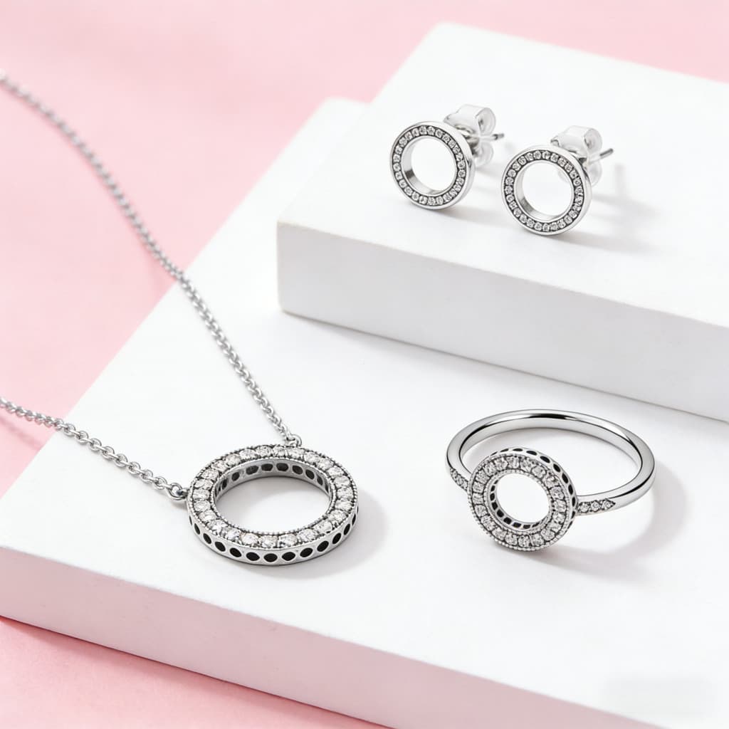 Conjunto de três peças de joias em prata S925 totalmente cravejadas de zircônia (colar + brincos + anel) - Estilo de lux