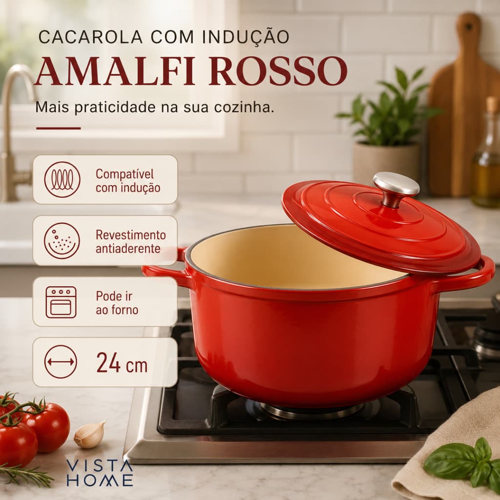 Panela Caçarola 24cm Vermelha Antiaderente Premium Tacho Esmaltado Fogão Forno Mesa Posta Requintada Luxo Almoço Jantar
