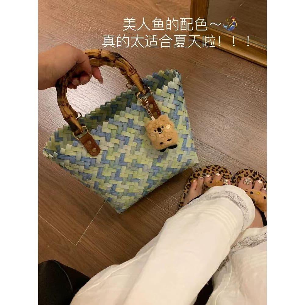 Verão Rattan-como bolsa de bambu feminino francês mão-tecido saco High-end estilo férias palha vegetal cesta saco