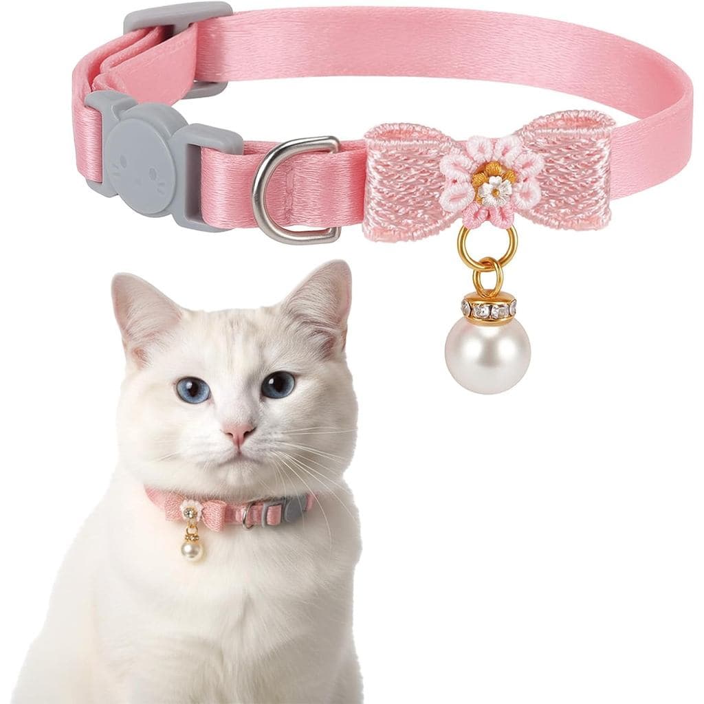 Coleira para Gato com Fecho de Segurança, Coleira Rosa Ajustável com Pingente de Pérola, Coleiras Fofas para Gato com Fi