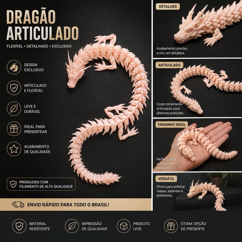 Dragão Articulado 3D Flexível Realista | Impressão 3D Premium | Decoração Geek | Colecionável | Presente Criativo