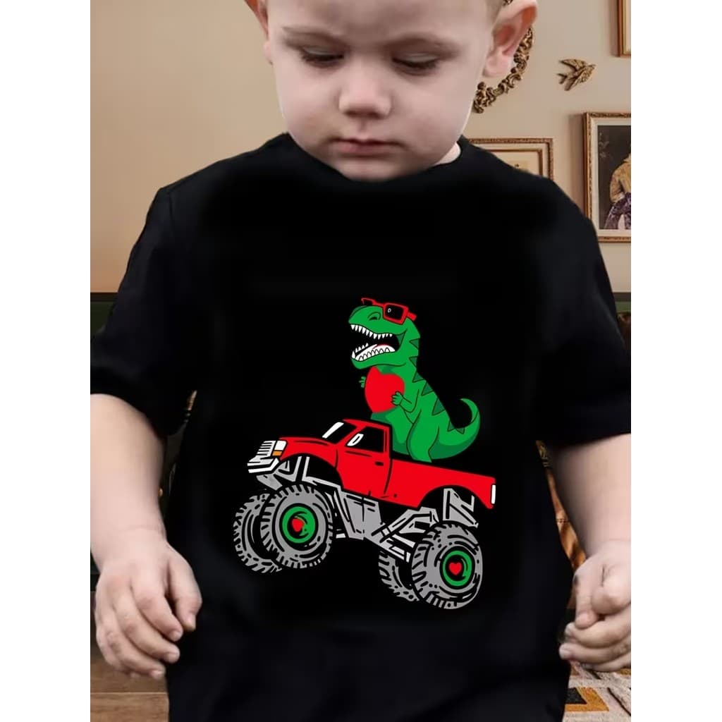 Camiseta Infantil Dino Na Camionete - Estampas Exclusivas para Crianças 100% Algodão Unissex Menino E Menina