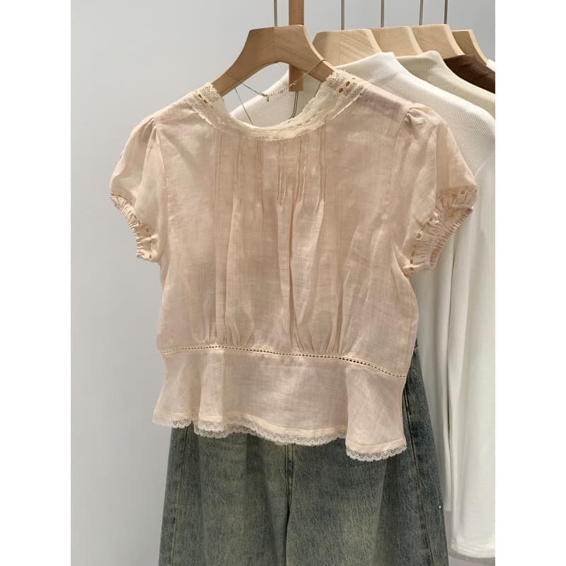 Estilo suave renda costura manga bufante Chiffon camisa verão estilo feminino
