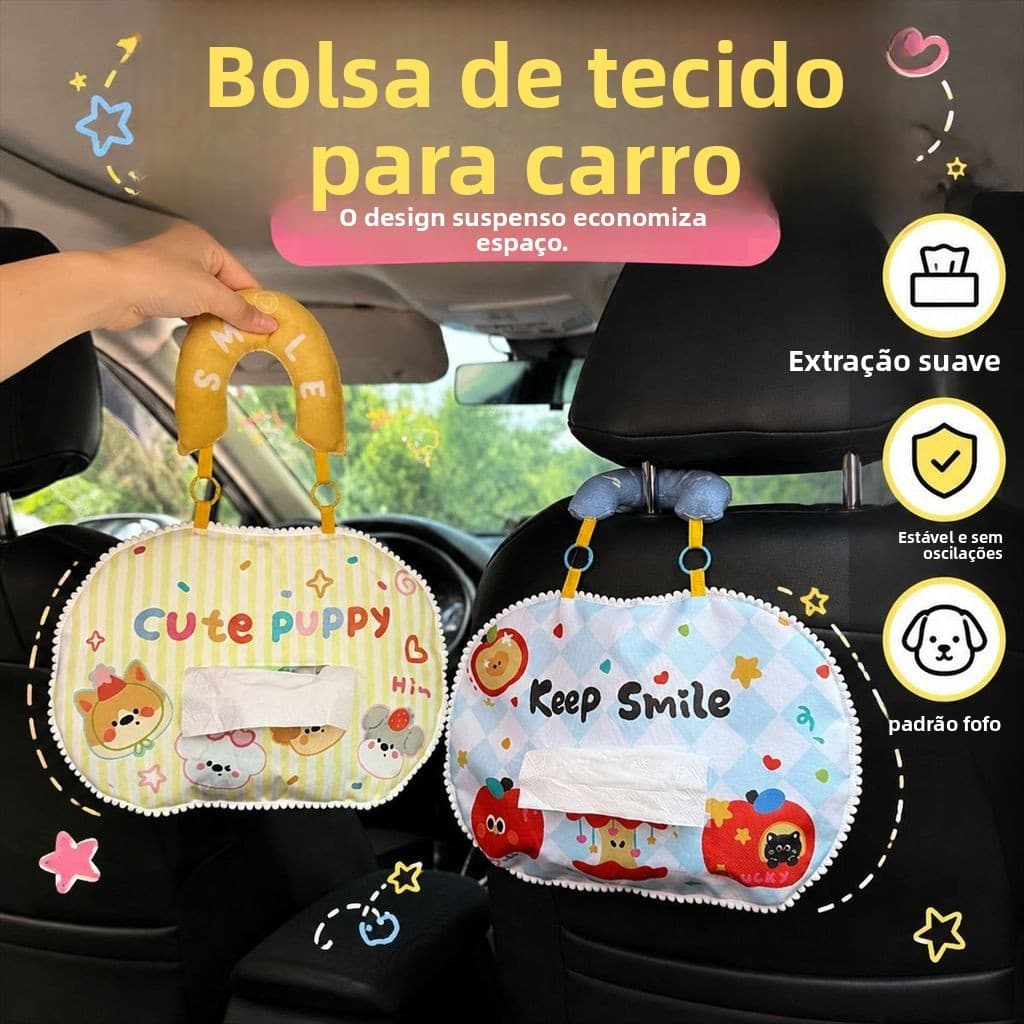 Bens de carro, caixa de tecido de carro pendurada no assento, carro de gato preto de desenho animado, caixa de papel ace