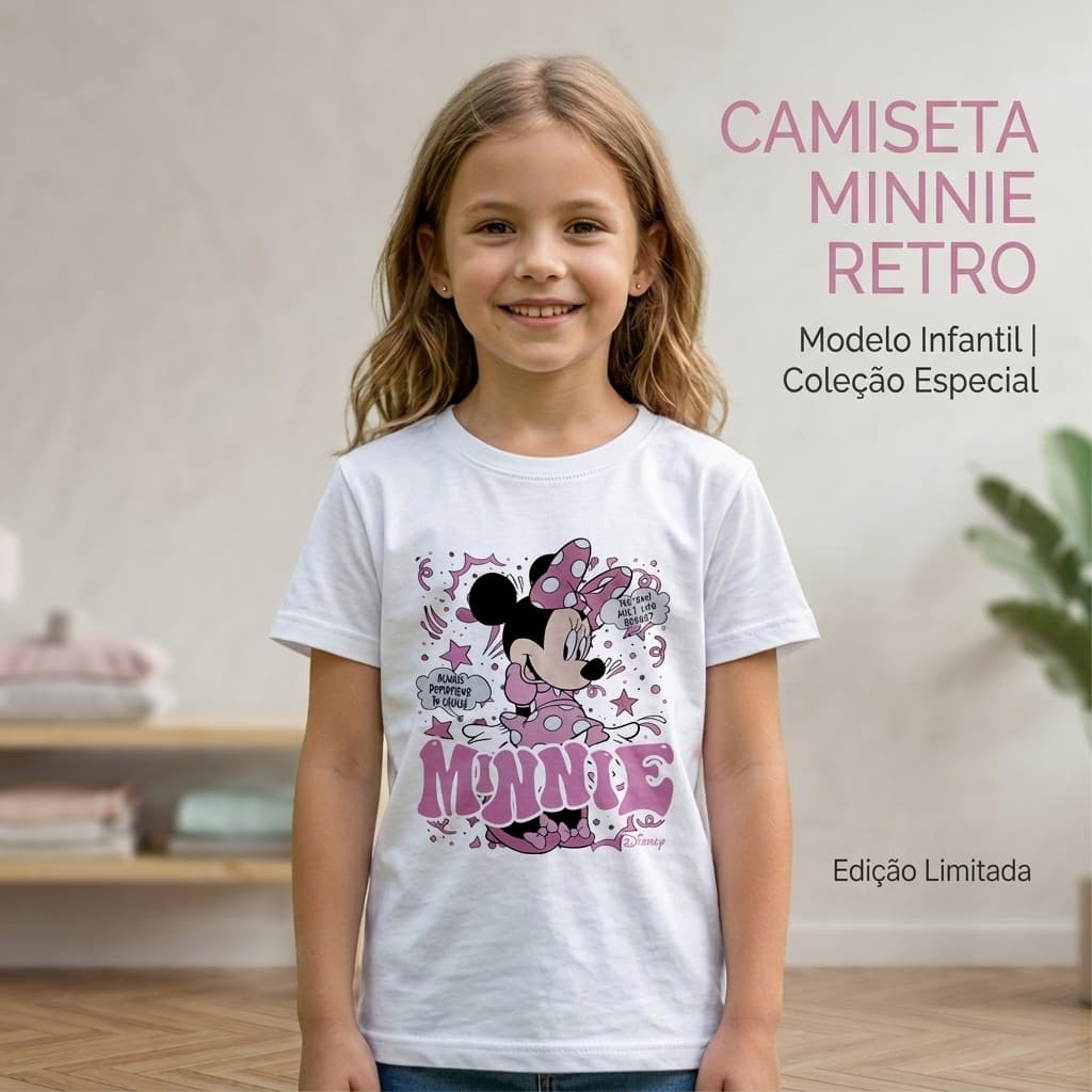 Camiseta Infantil Minnie Retrô Menina Blusa Estampada Disney Edição Limitada