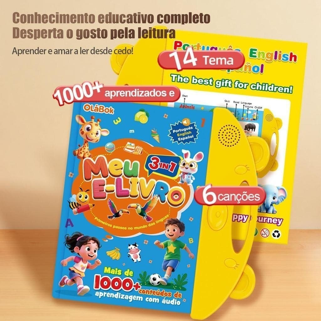 Livro Educativo Infantil Interativo 3 em 1 Aprenda Português Inglês Espanhol com Áudio