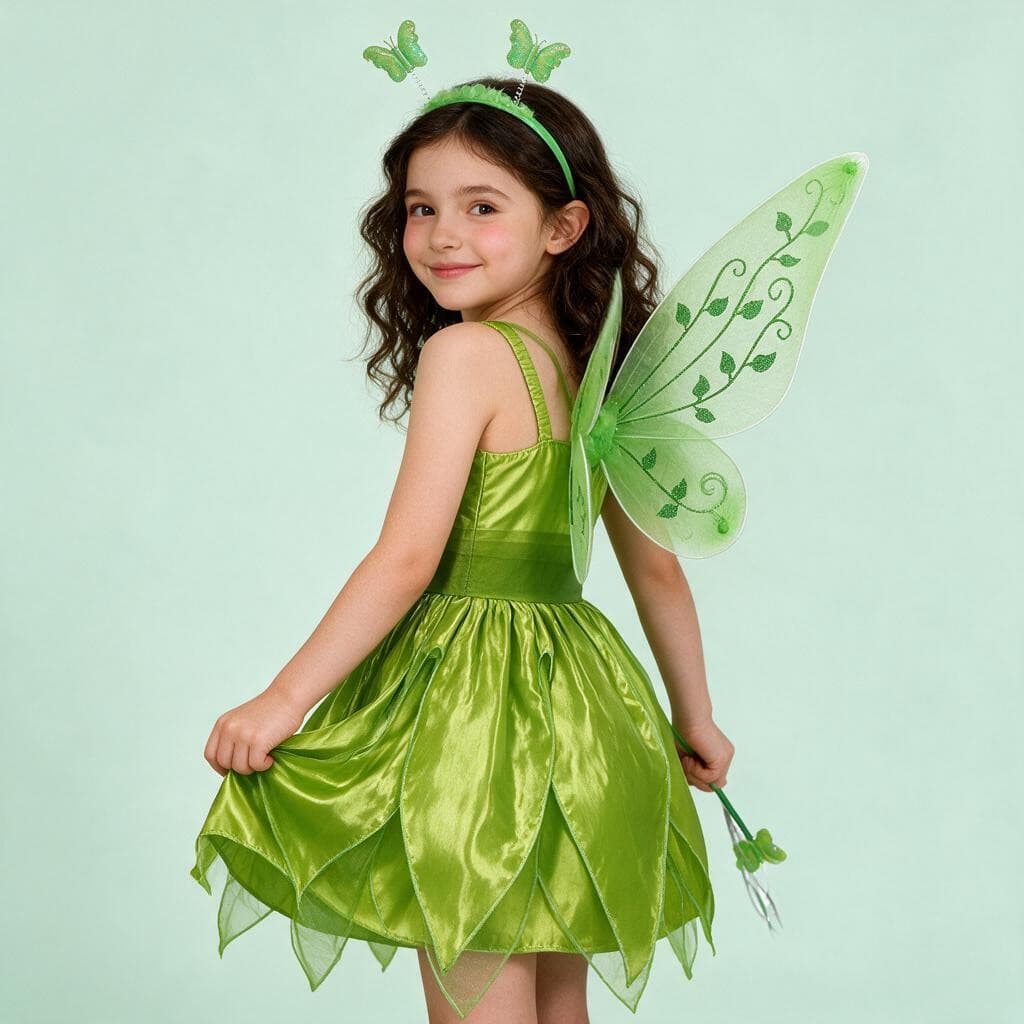 Conjunto Completo De Fantasia De Fada De Folha Verde Naturecore 2026 Para Meninas , Vestido De Elfo De Cetim Com Asas De