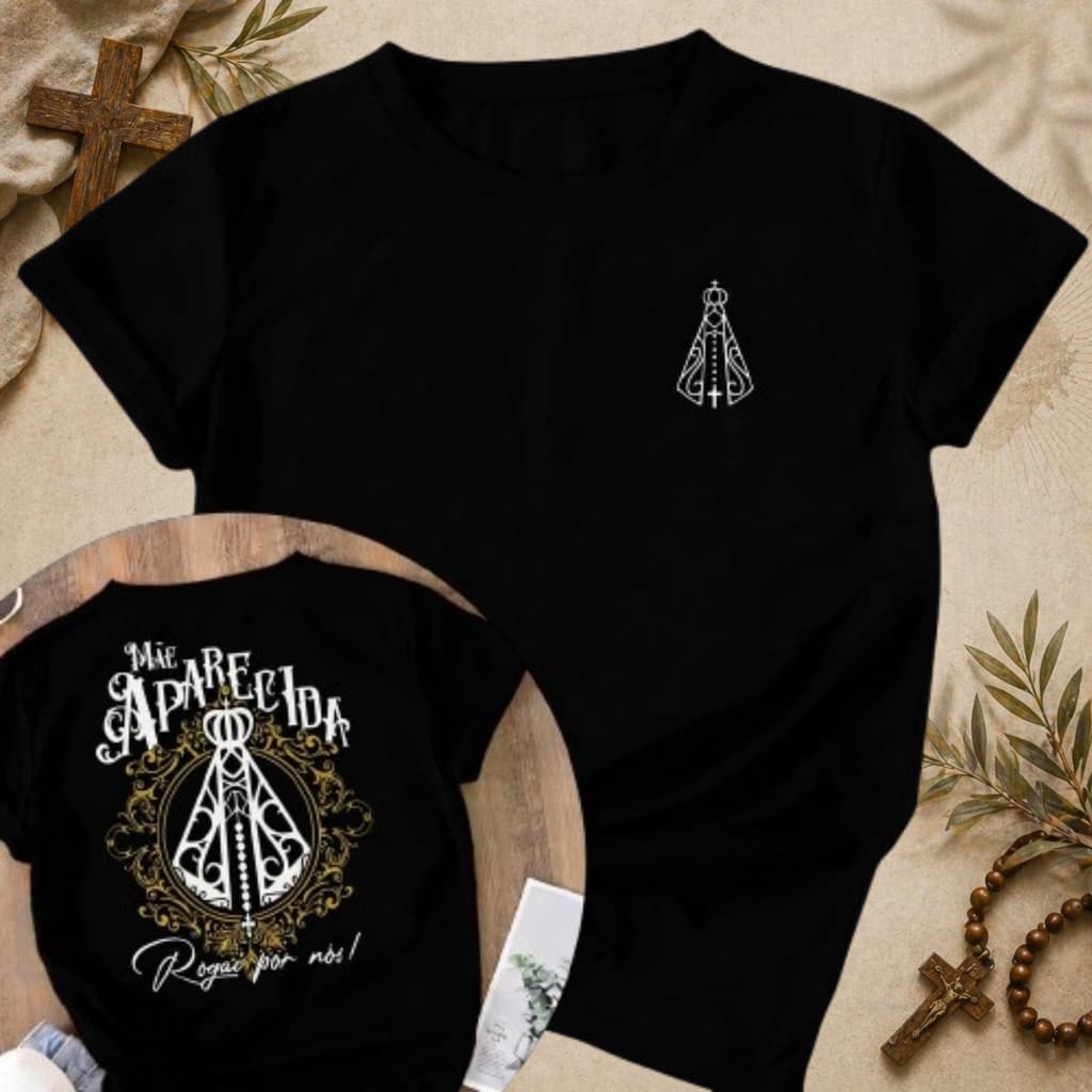 Camiseta Tradicional Jesus petalas de rosas Maria Mãe Aparecida Religiosa Catolica Cristã 100% Algodão Unissex