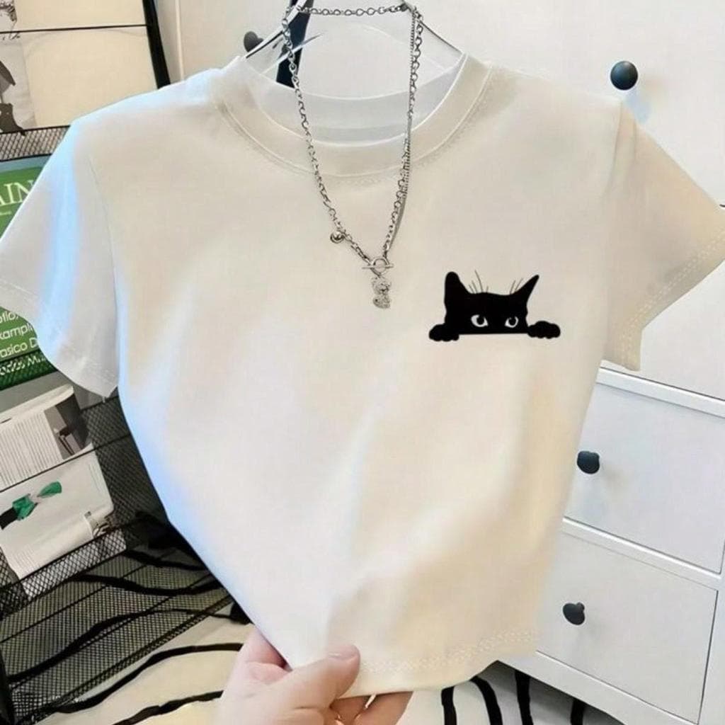 Cropped Camiseta com Estampa Criativa de Gato Preto Top Casual Perfeito Para Todas as Ocasiões