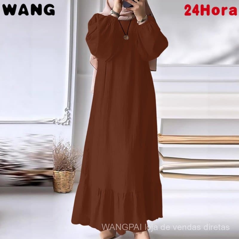 Vestido Longo Feminino Solto de Cor Sólida com Decote Redondo e Mangas Longas com Babados