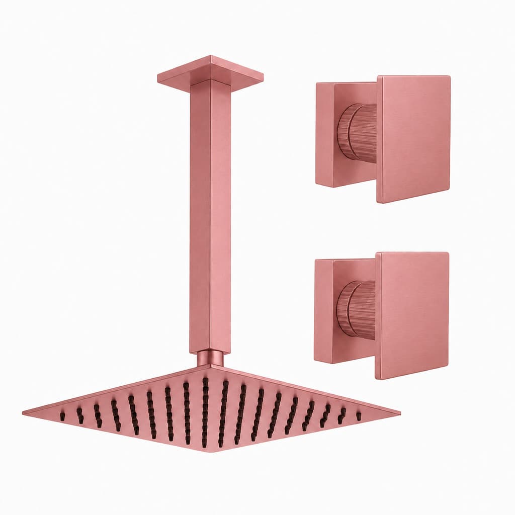 Kit Ducha Quadrada 20x20 Slim de teto + 2 Acabamentos para Registro base deca Cogumelo Até 1'' Pol Rose-Gold Fosco