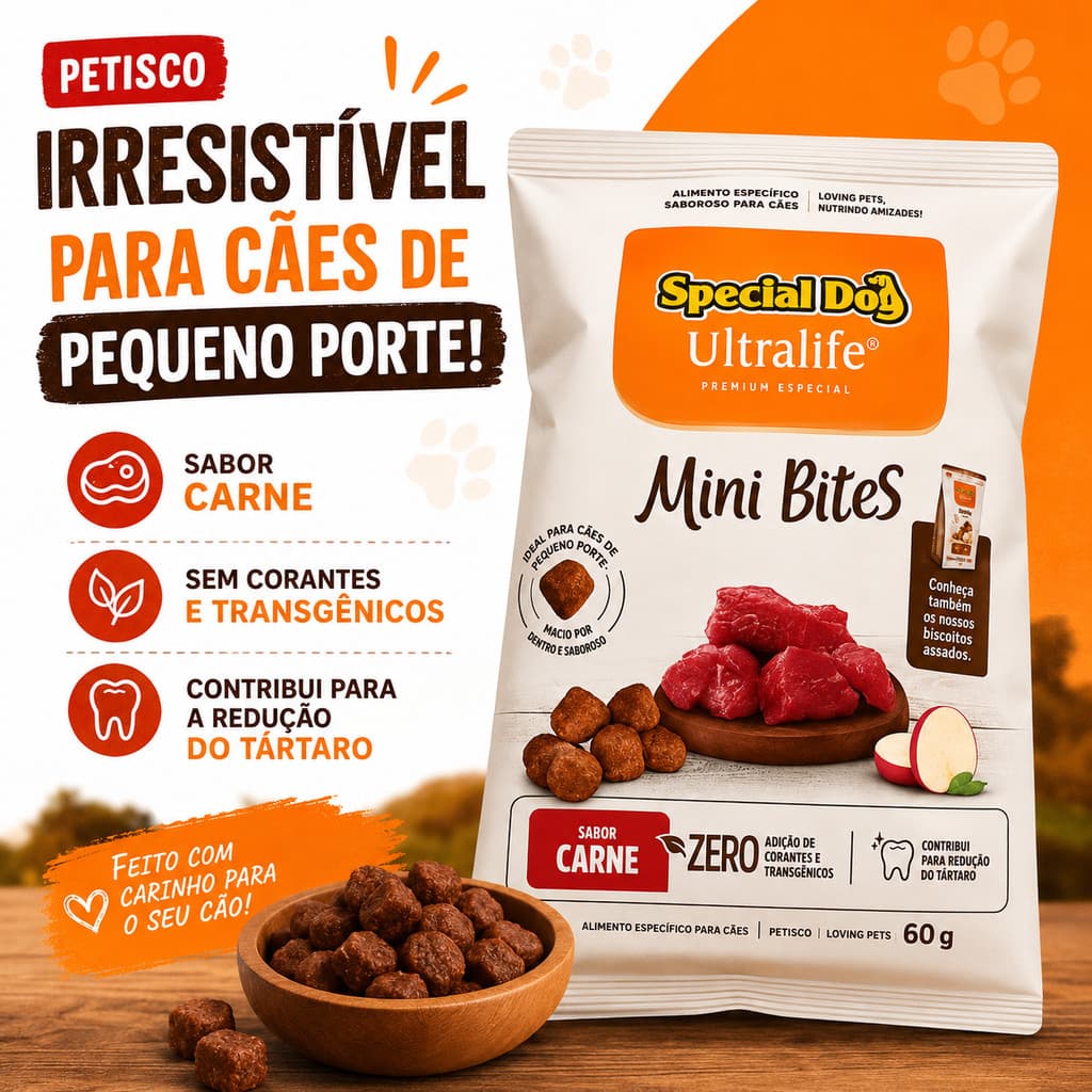 Petisco Special Dog Ultralife Mini Bites Sabor Carne para Cães de Pequeno Porte 60g