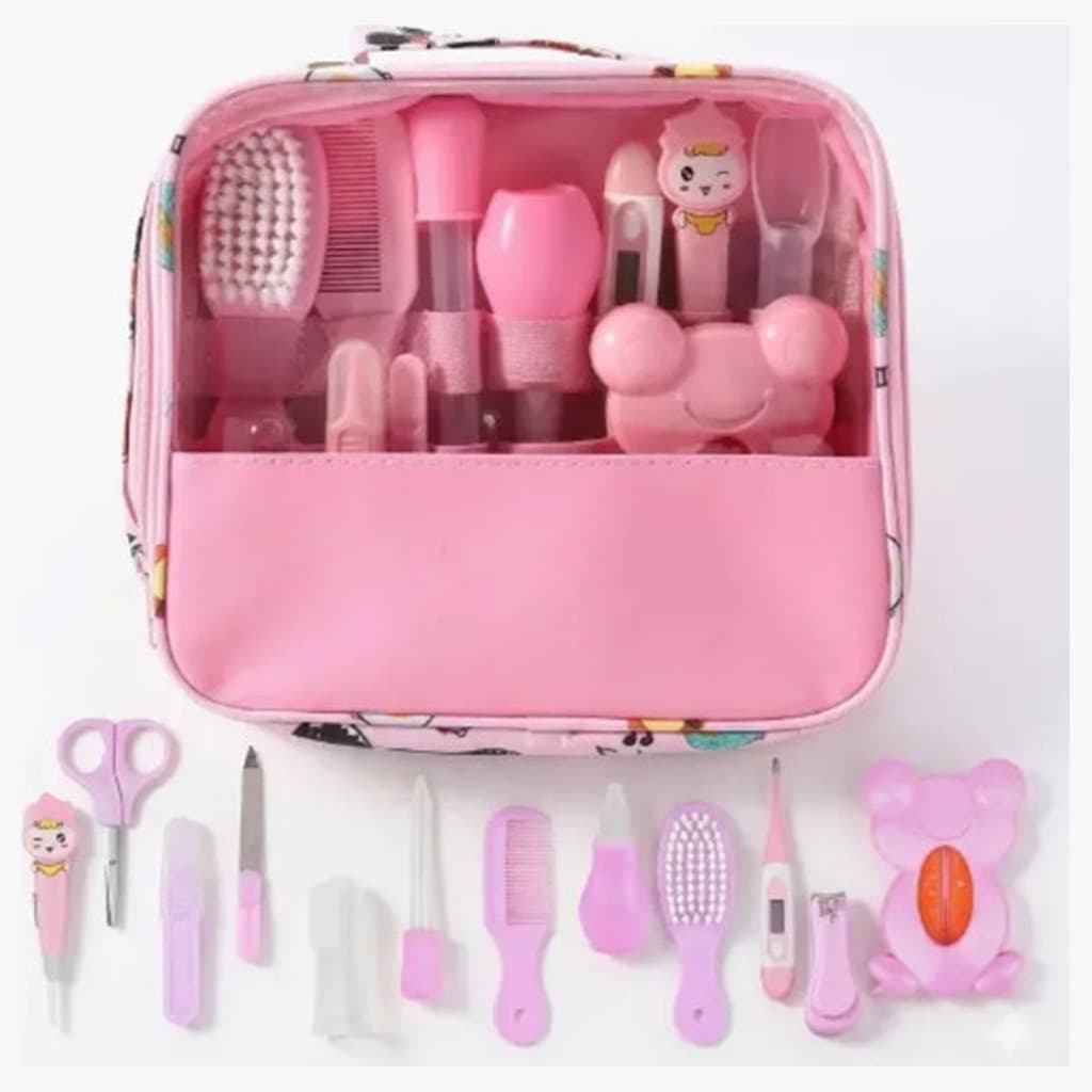 Kit Primeiros Cuidados Bebê 13 Peças Shopline + Nécessaire Rosa Escova Pente Tesoura Lixa Cortador Aspirador Nasal