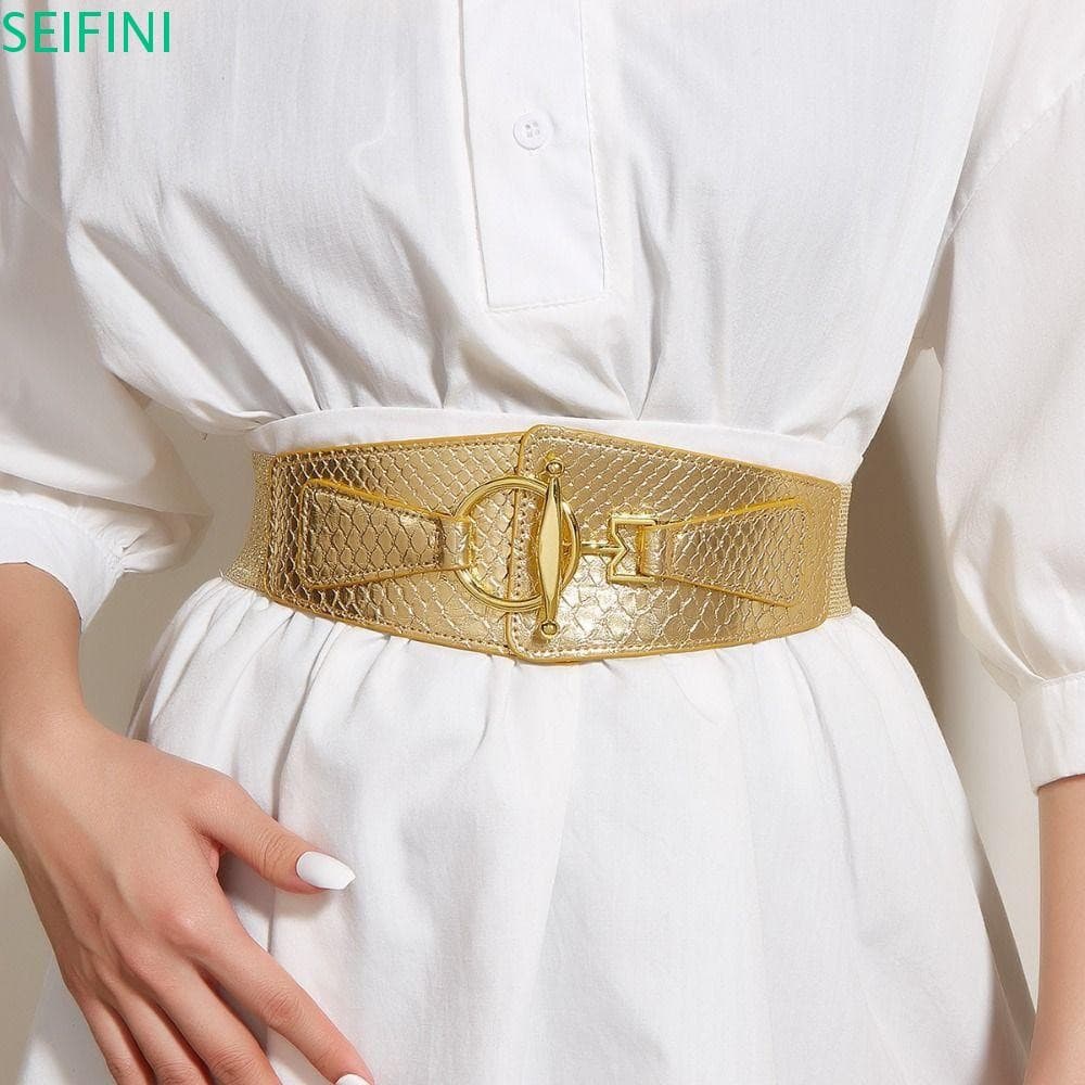 SEIFINI Gold Cummerbunds , Cintura Feminina De Couro PU Com Fivela Redonda , Cinto Largo Elástico De Alta