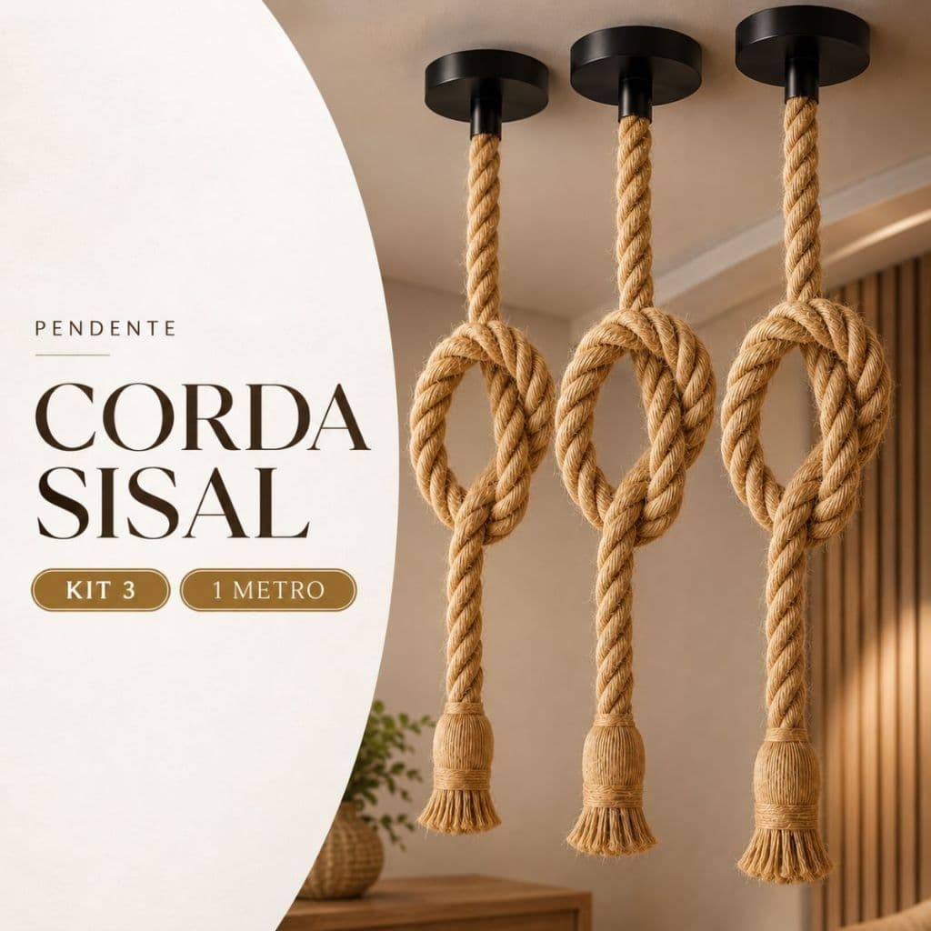 Kit 3 Pendente Corda Sisal 1 Metro Vintage Rústico Decorativo Área Luminária Teto Bivolt 110v 220v