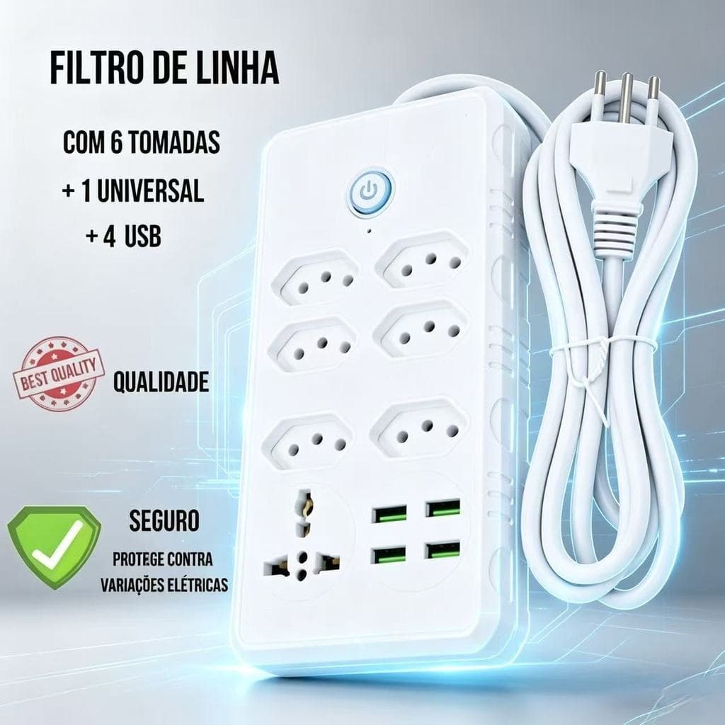 Régua Filtro de Linha com 7 Tomadas 1 Universal e 4 USB • Bivolt 110/220V • Cabo de 2 Metros  Segurança Garantida