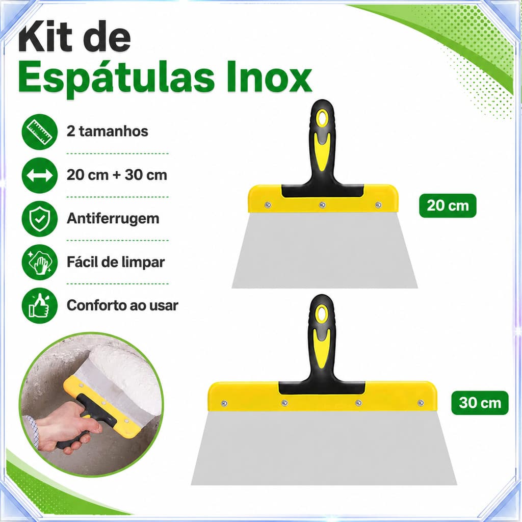 Kit 2 Espátulas Inox 20cm 30cm para Drywall, Massa Corrida e Remover Pintura
