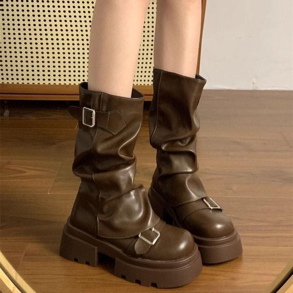 ZHDYEB Botas Femininas Até O Joelho , De Motociclista Com Plataforma Harajuku , Fivela De Cinto Y2K Punk Cano Médio