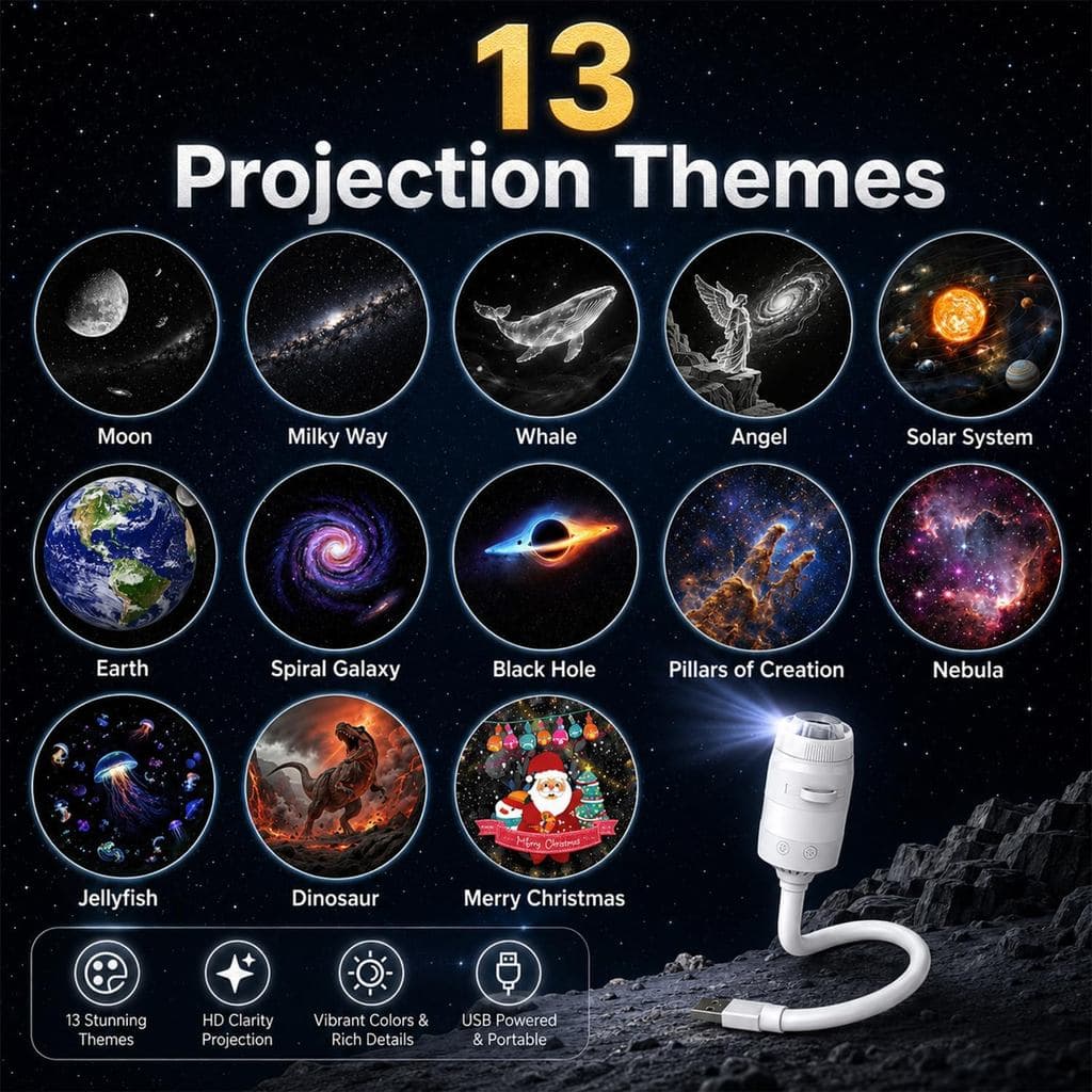 Projetor de Luz Noturna Galaxy Star, Luz Noturna LED Multicolorida 2 em 1 com USB, com 13 Filmes de Projetor para Presen