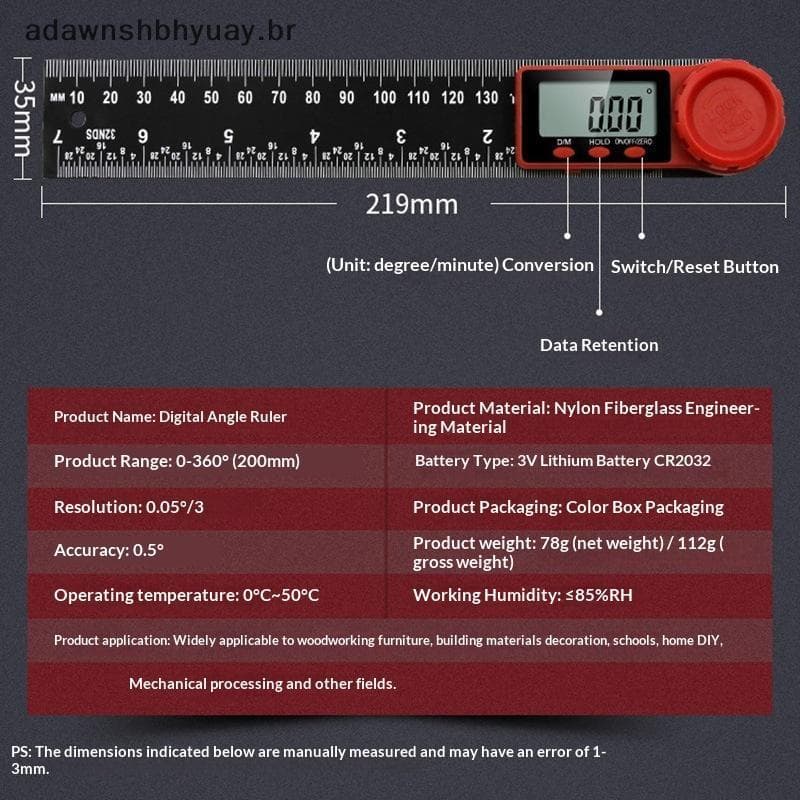 Adawnshubiuay 200mm/300mm Digital Angle Finder Régua Transferidor Inclinômetro Elétron Goniômetro Ângulo Comprimento Fer