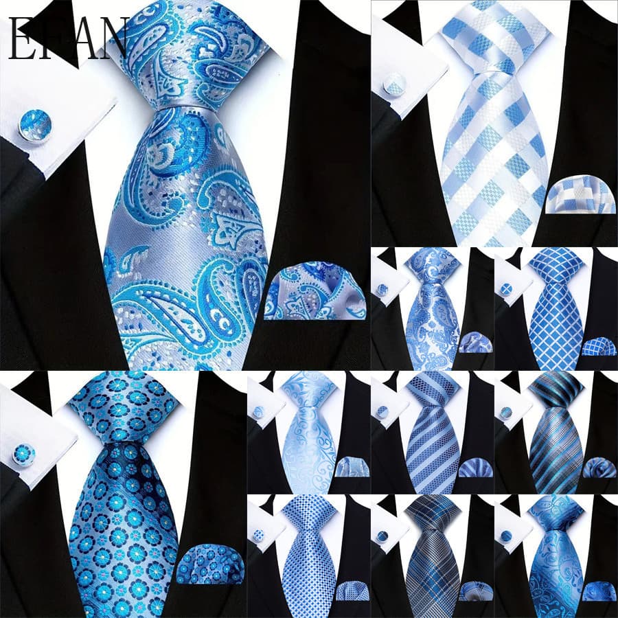 Luxo 3 Pçs Céu Lago Azul Homens Gravatas Lenço Bolso Quadrado Abotoaduras Conjunto Jacquard 8cm Gravata Para Masculino C