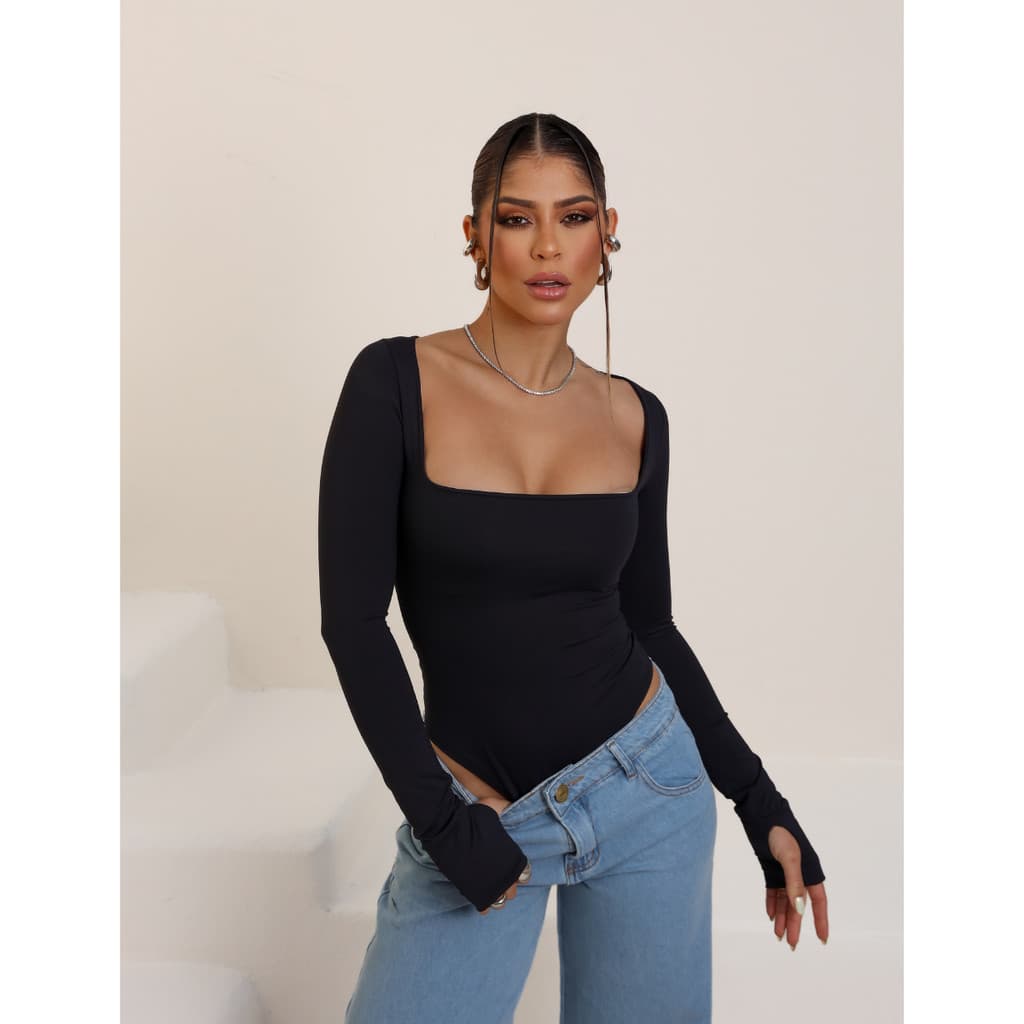 Body Feminino Manga Longa Suplex Premium Gola Quadrada Elegante Básico Casual Moda Feminina