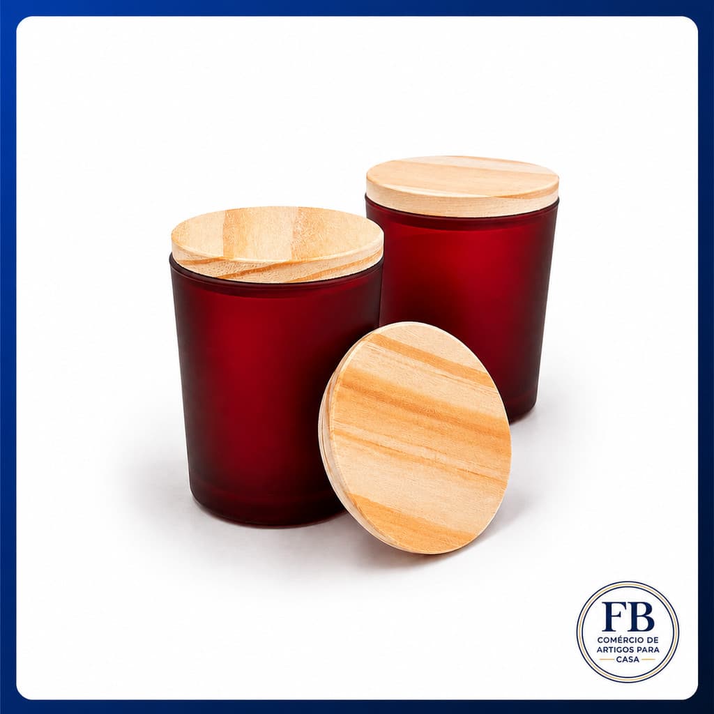 Kit 10 Potes de Vidro Fosco Vermelho 70ml com Tampa Madeira Para Velas Artesanais Lembrancinhas