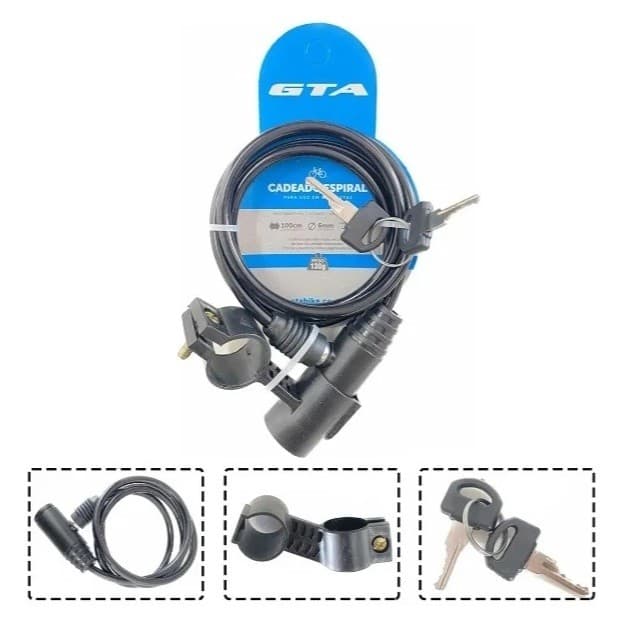 Cadeado Trava GTA 6mmx1000mm Com Suporte e 2 Chaves P/ Bike Moto Estepe Segurança