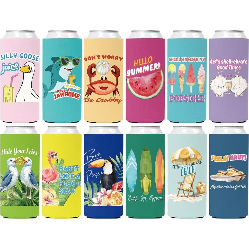 Capas Térmicas para Latas Beach Slim - Pacote com 12, Capas Divertidas para Cerveja com Tema Tropical, Presentes de Verã