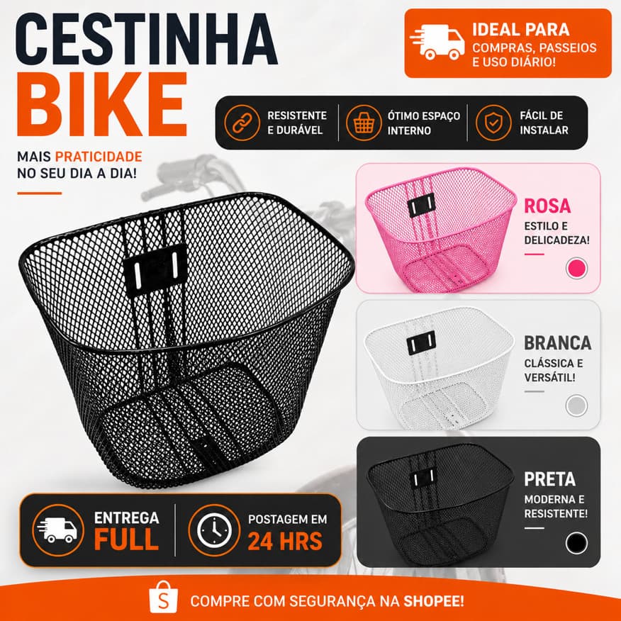 Cesta Cestinha Aço P/ Bicicleta 26 Grande 35x25x22 Top