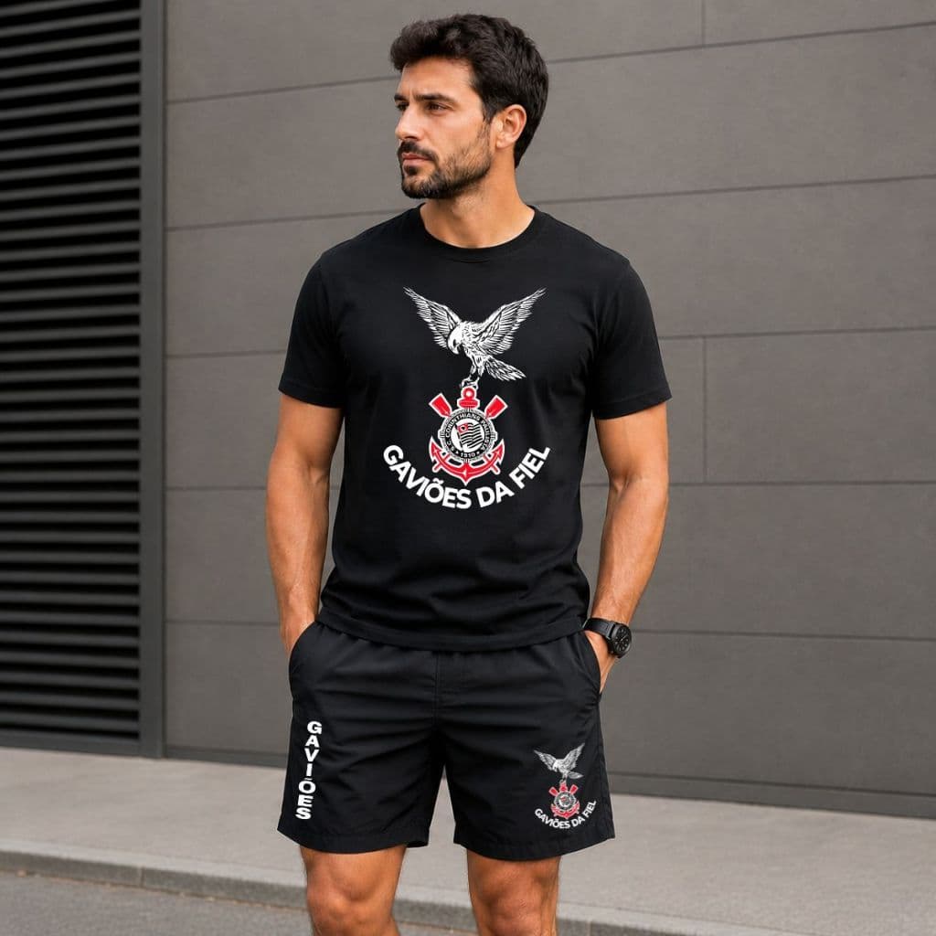 Kit Conjunto Masculino Adulto Bermuda Tactel e Camiseta 100% Algodão Camisa Gaviões da Fiel