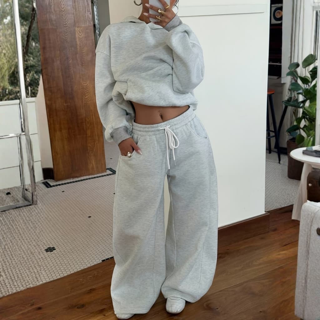 Conjunto Frio Feminino Moletom Premium Calça Larga Wide Blusa Canguru Moda Blogueira Aerolook