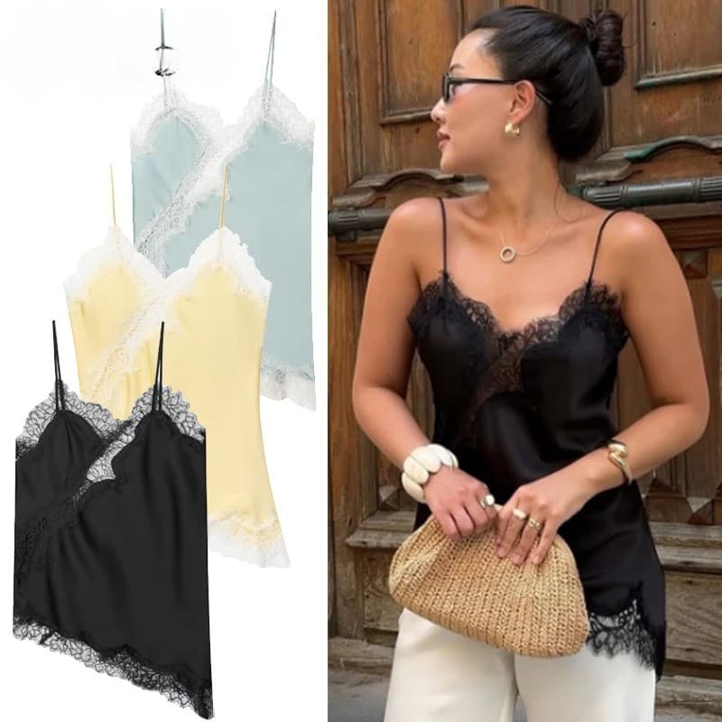 Top Assimétrico Feminino Verão 2anks E Camis Renda Preta Fora Do Ombro Elegante Sem Mangas Costas Camisola