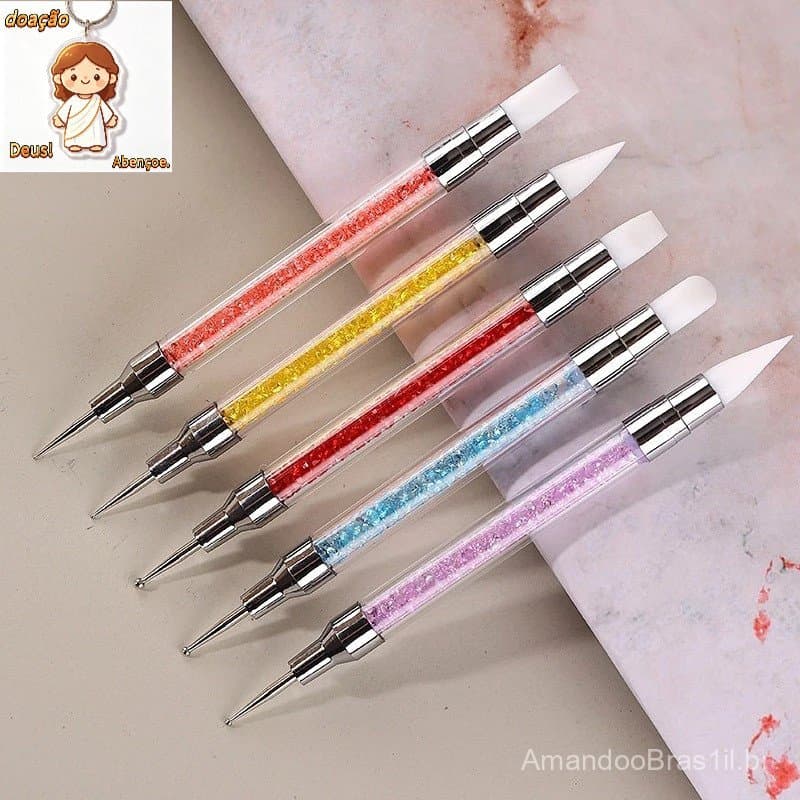 5 Pincéis Silicone e Boleadores 2 em 1 Ponta Dupla para Decoração Unhas 3D Profissional Nail Art