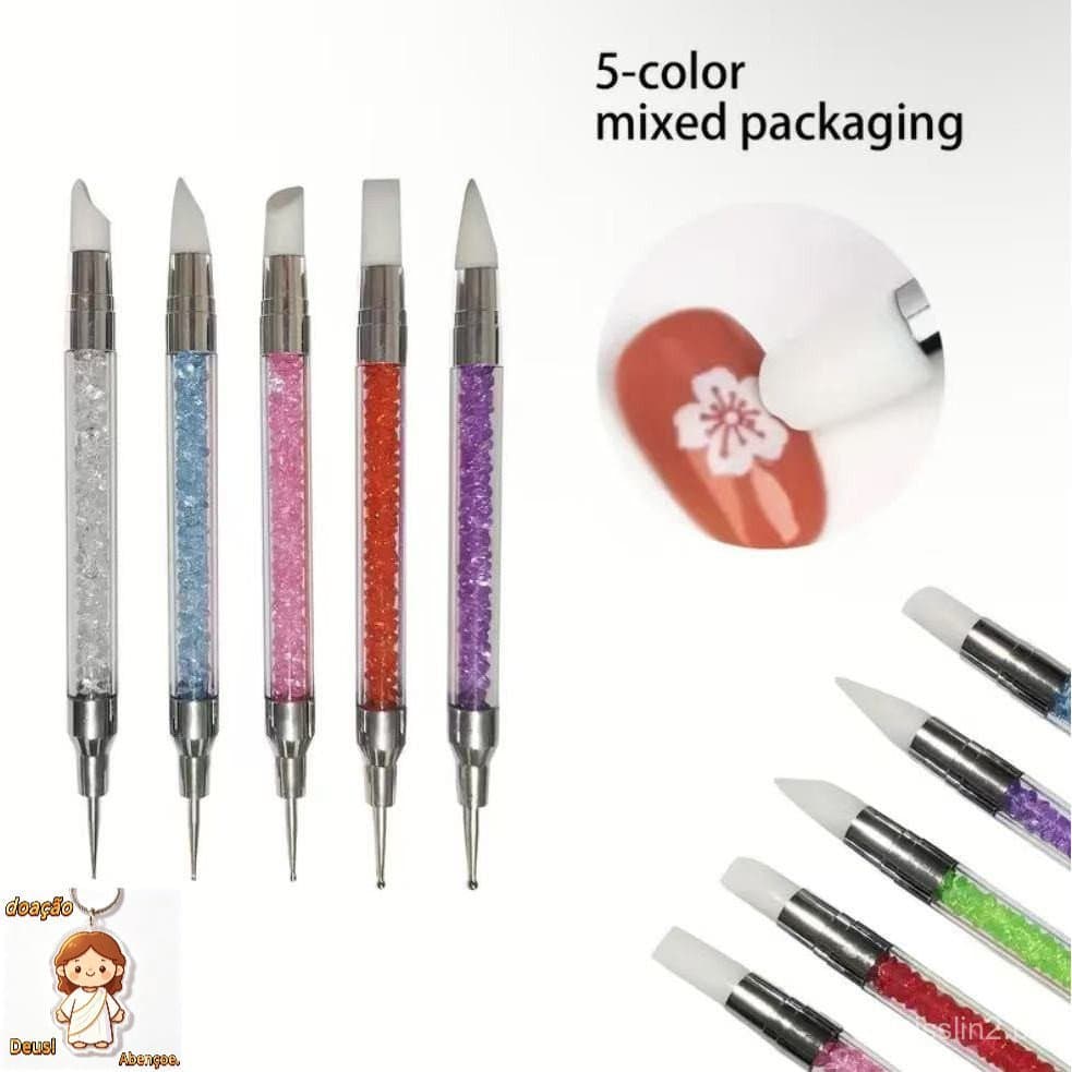 Kit 5 Pincéis Silicone e Boleadores 2 em 1 Ponta Dupla para Decoração de Unhas Nail Art Profissional