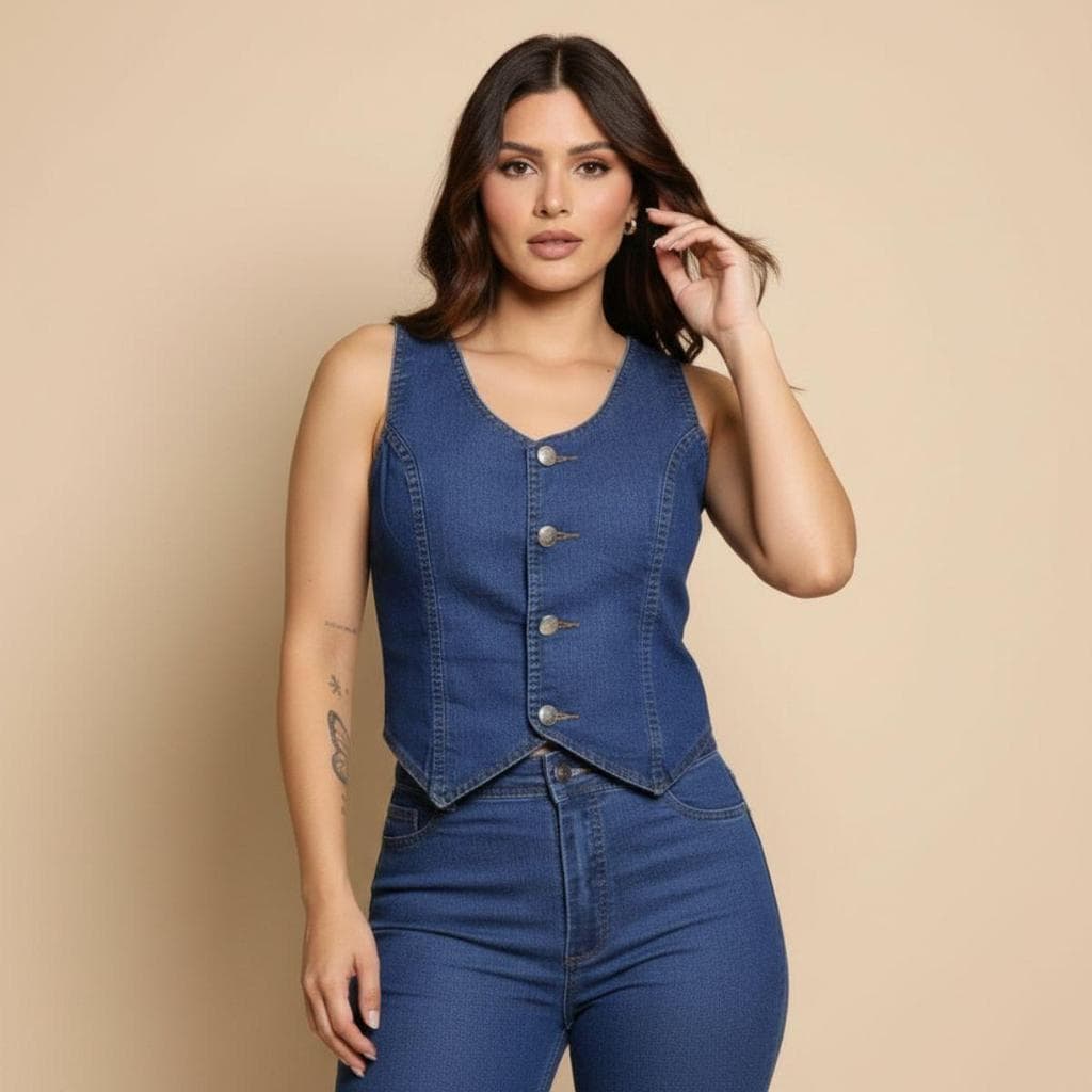 Colete Jeans Feminino Botões Premium Casual Country Moda Western Elegante Blusa Regata Confortável