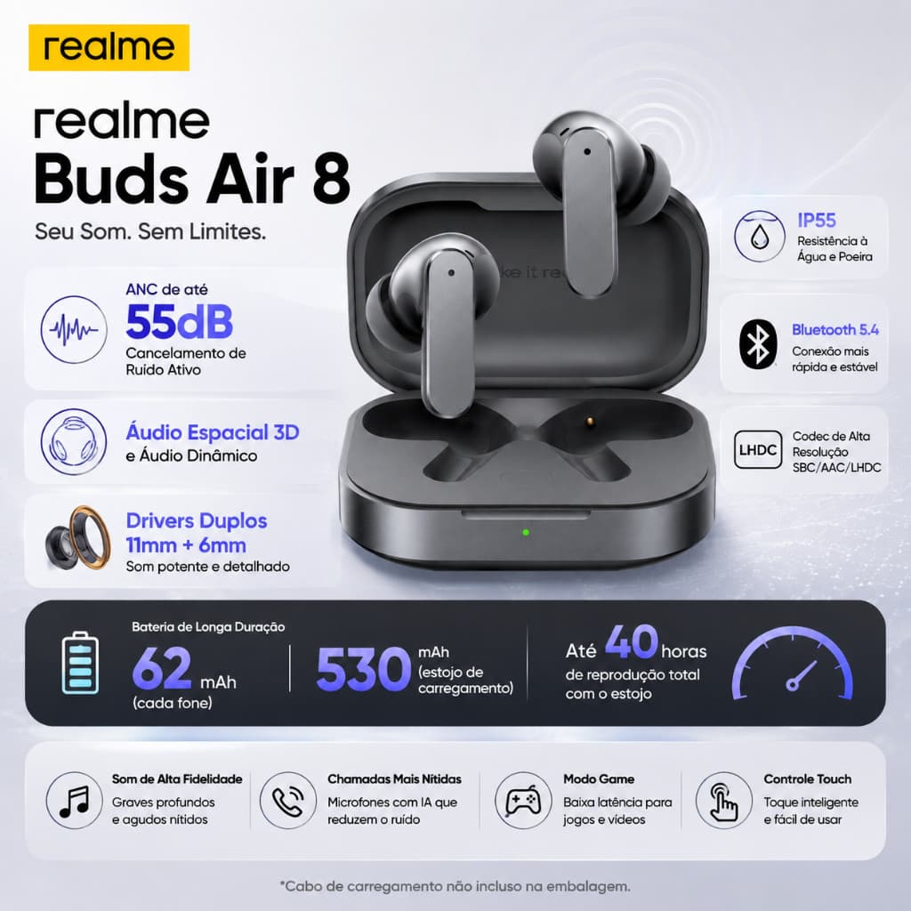 Fone realme Buds Air 8 ANC 55dB Bluetooth 5.4 Áudio Espacial 3D Drivers Duplos IP55 Versão Global