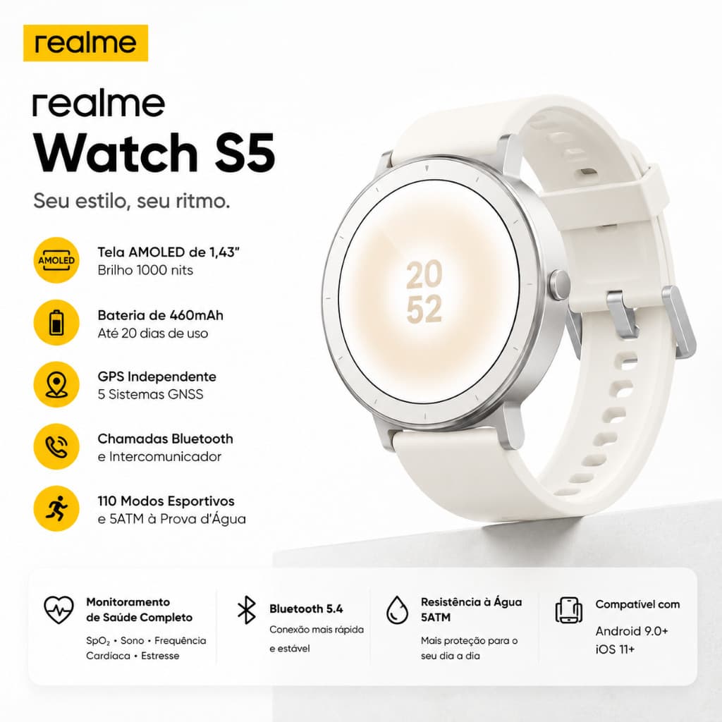 Smartwatch realme Watch S5 AMOLED 1.43" GPS 5 GNSS Bluetooth 5.4 Chamadas 5ATM Bateria 20 Dias