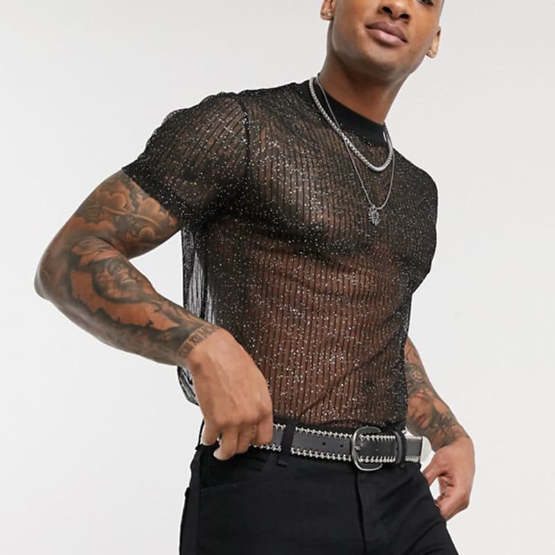Transparente estilo fino respirável moda festa camisa de fundo masculina gaze camiseta masculina