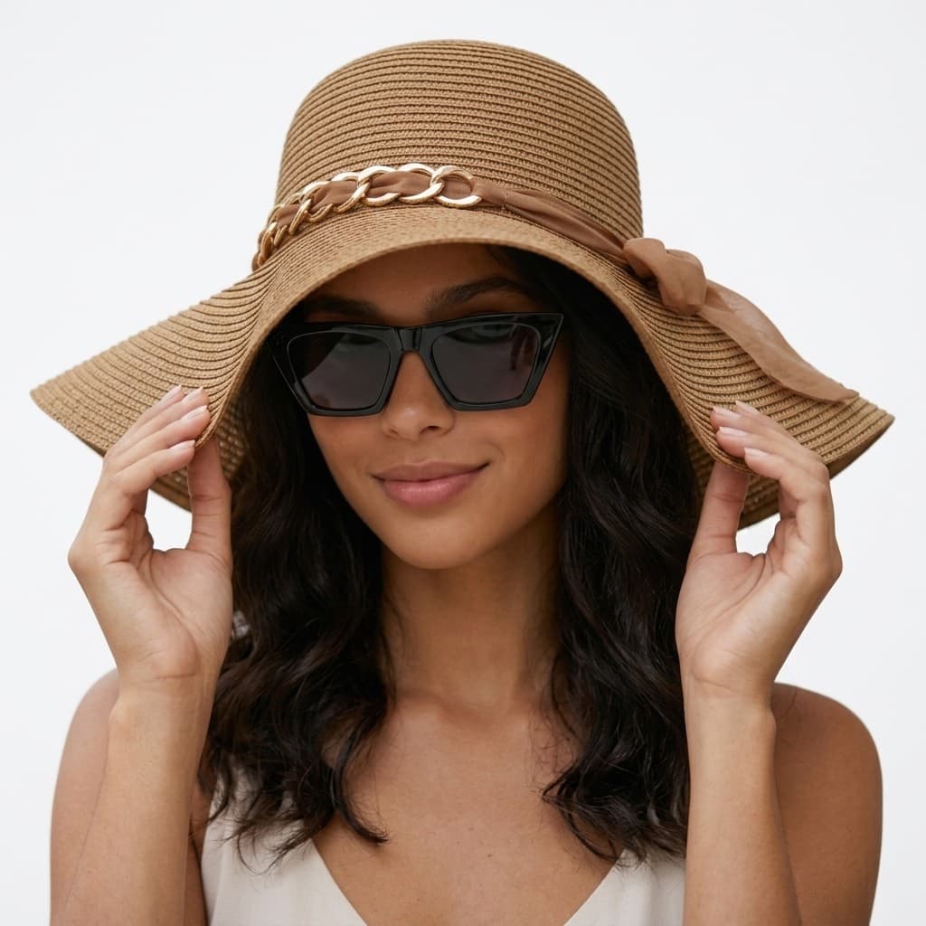 Kit Chapéu Feminino de Praia Aba Grande Palha Corrente Dourada com Laço + Óculos Quadrado Gatinho Preto UV400 Moda Verão