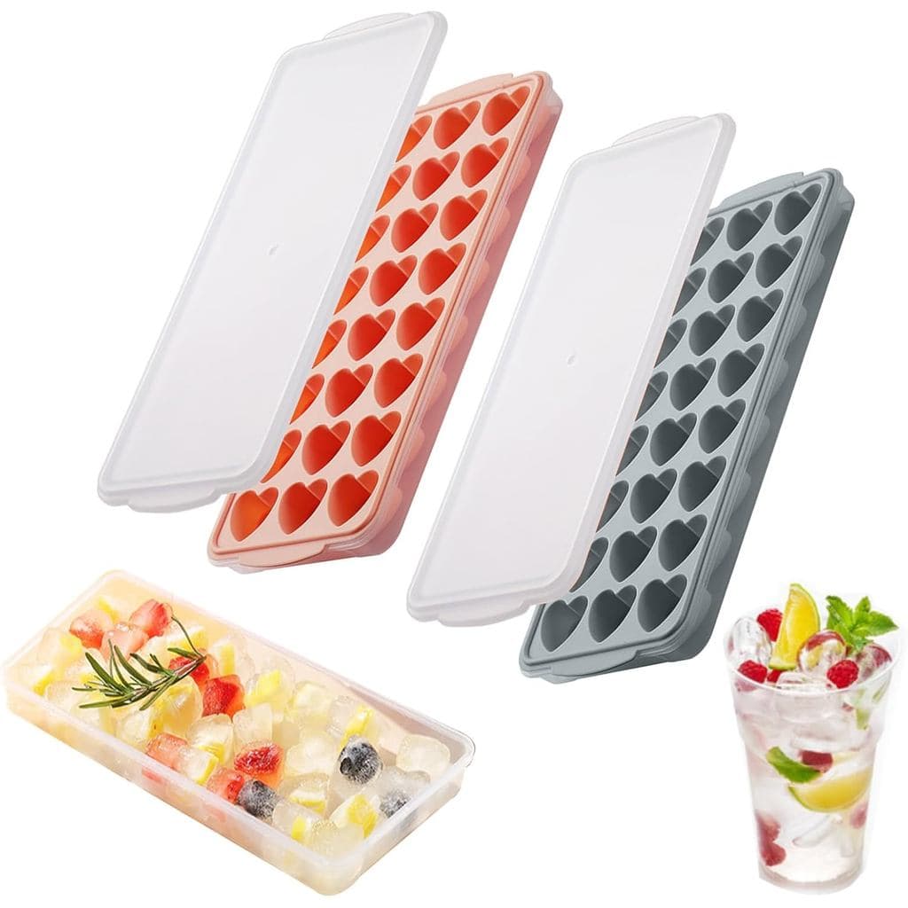 Conjunto de 2 Formas de Gelo em Forma de Coração com Tampa e Recipiente - Forma de Gelo de Silicone com 48 Cavidades em