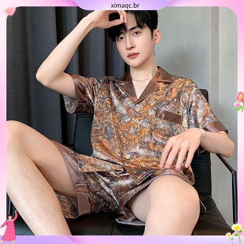 T na moda novo estilo malha de seda verão pijamas masculinos simulação terno seda fina de manga curta juventude verão Ho