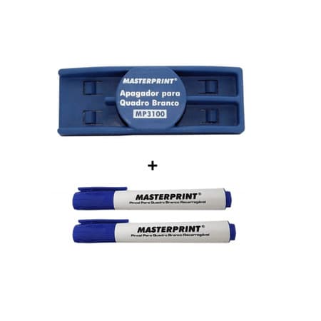 Kit Para Quadro Branco - 2 Pincel azul  Recarregável + Apagador Quadro Branco Masterprint
