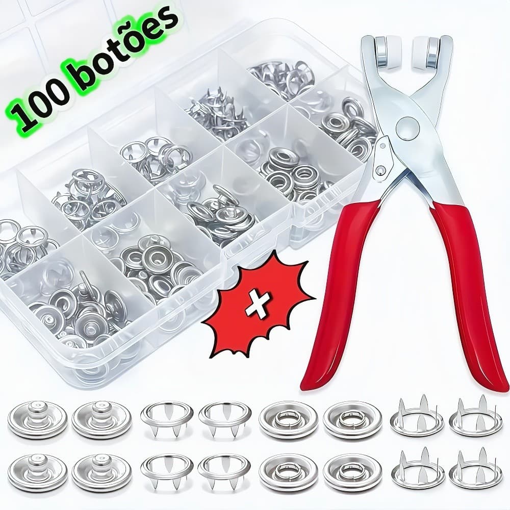 Alicate Aplicador Com 100 Botões De Metal De Pressao Para Roupa