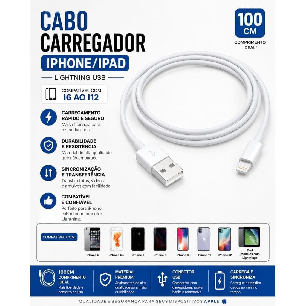 Cabo Carregador Lightning USB 1m para iPhone/iPad - Compatível com iPhone 6 a iPhone 12